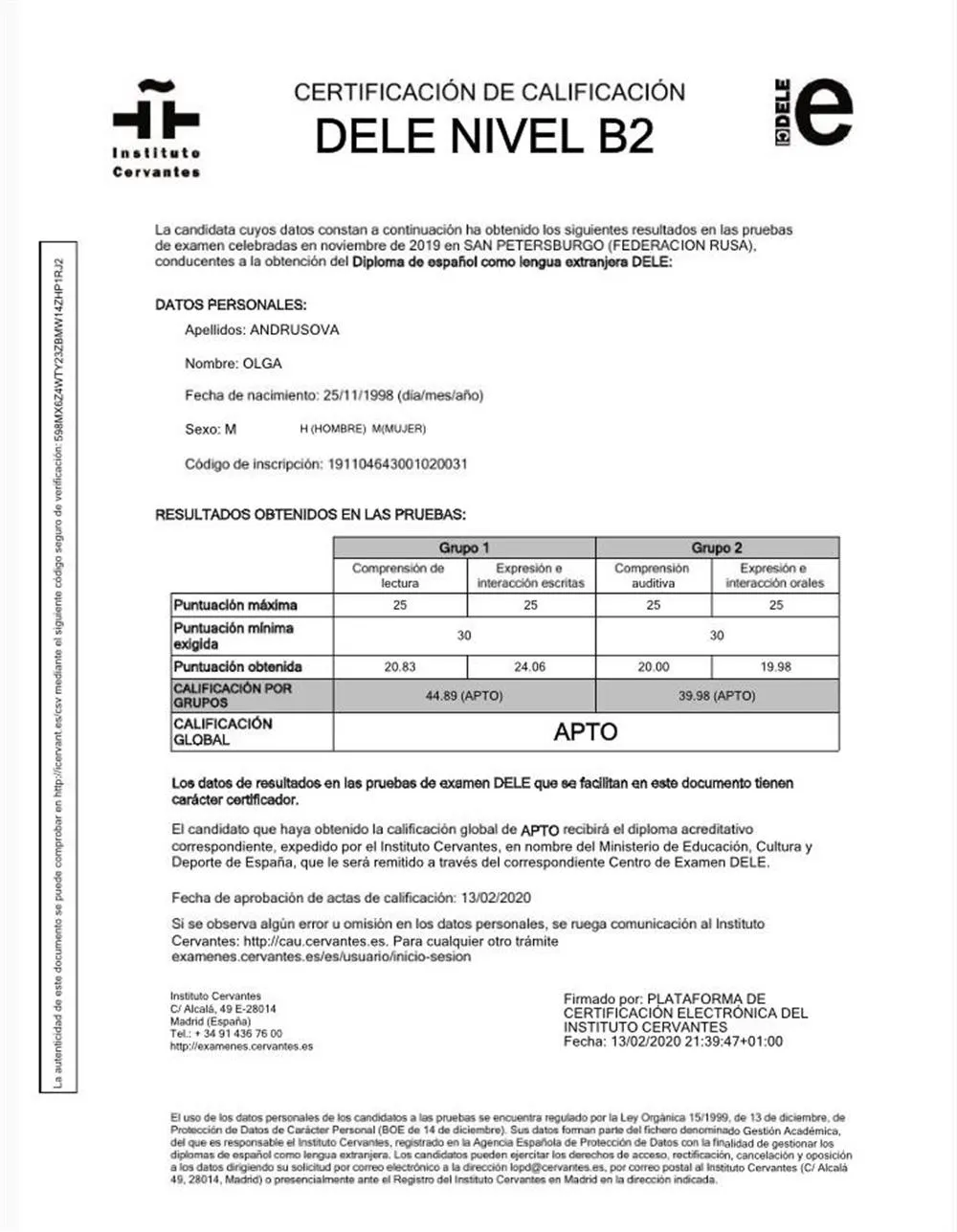 Сертификат международного экзамена по испанскому языку DELE B2