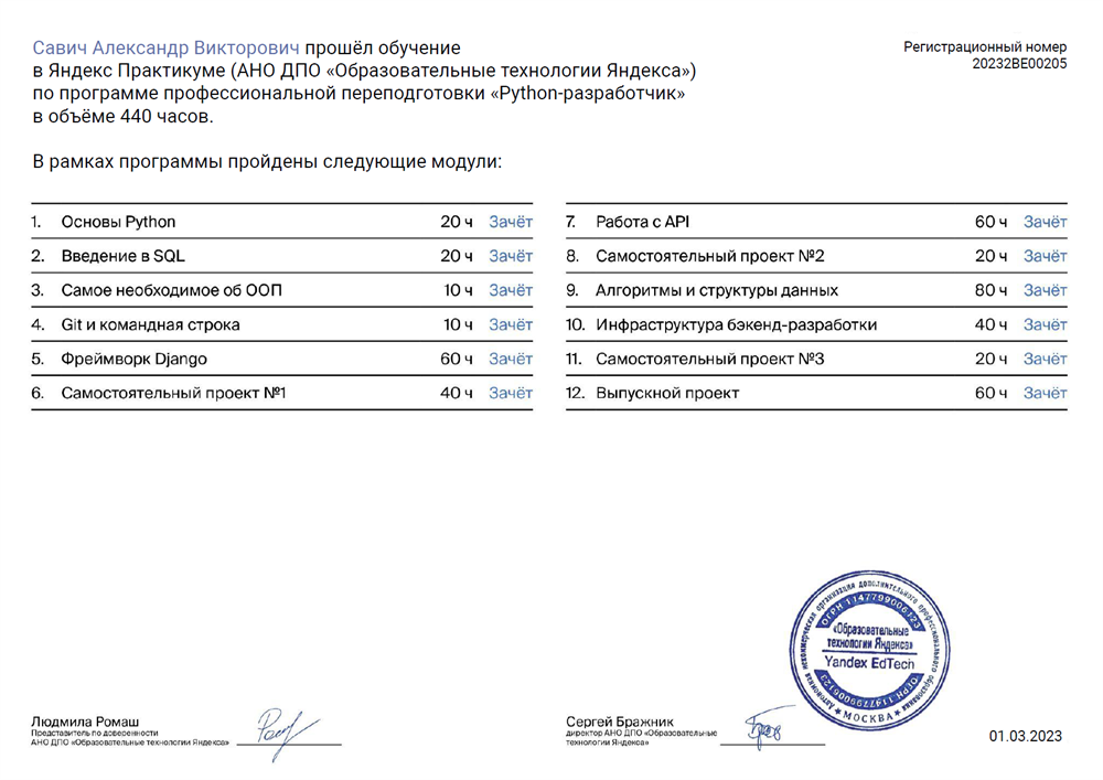 Диплом об окончании курса Яндекс.Практикум по специальности Python-разработчик