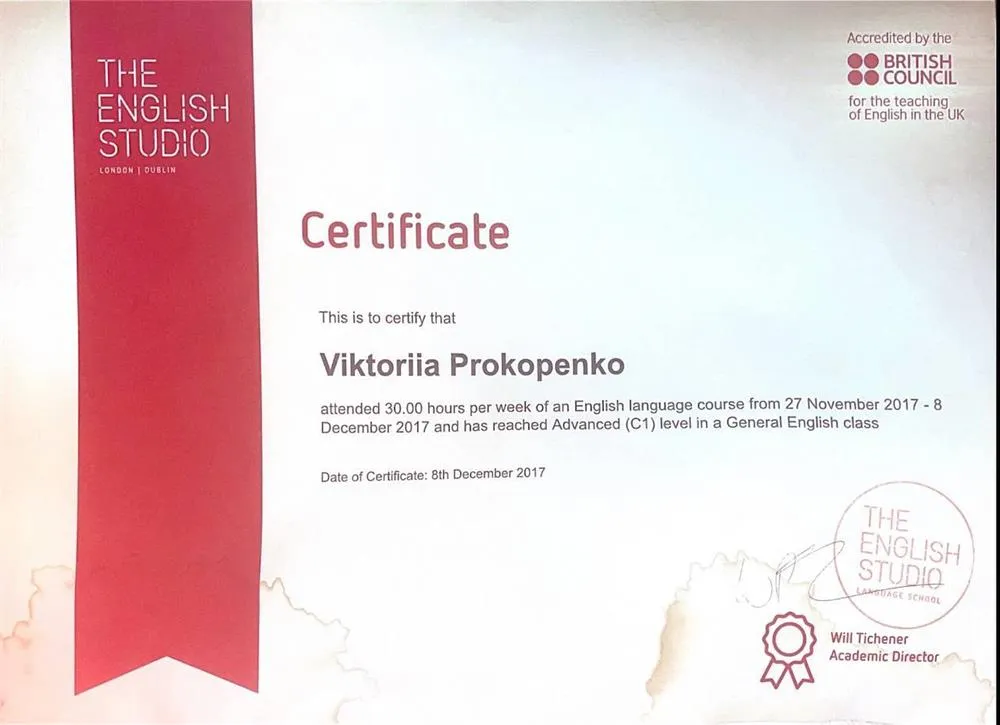 General English certificate of C1 level, London