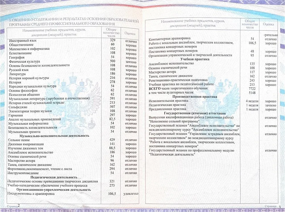 Диплом об окончании Архангельского музыкального колледжа. Специальность "Эстрадное пение".