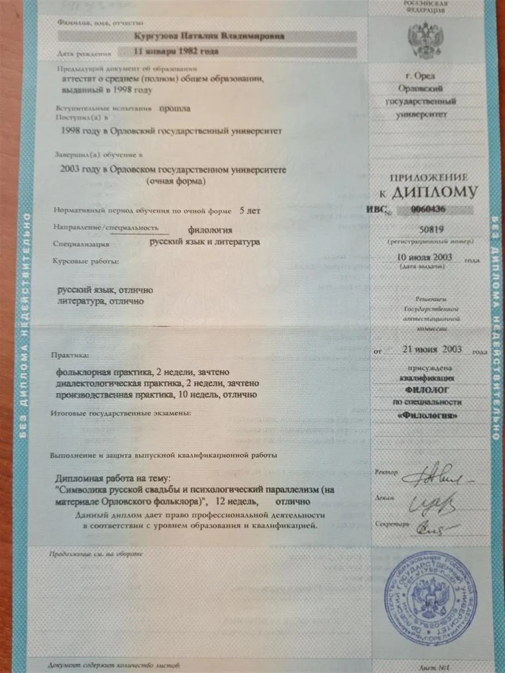 Приложение к диплому