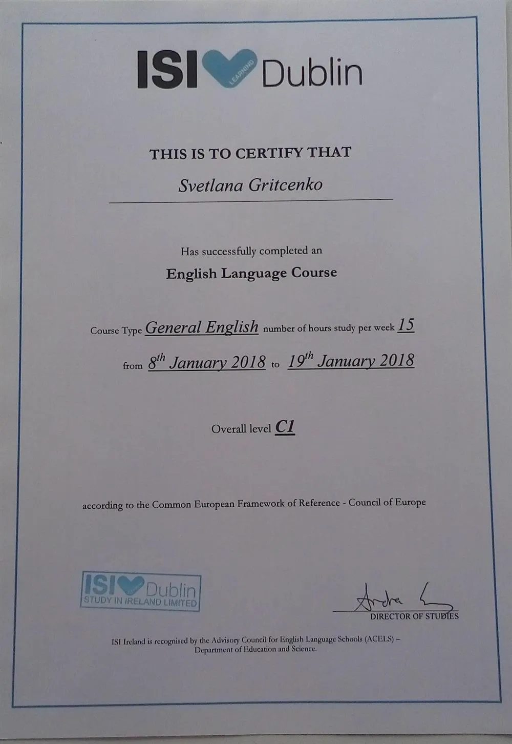 ISI Dublin (Certificate of Completion)
