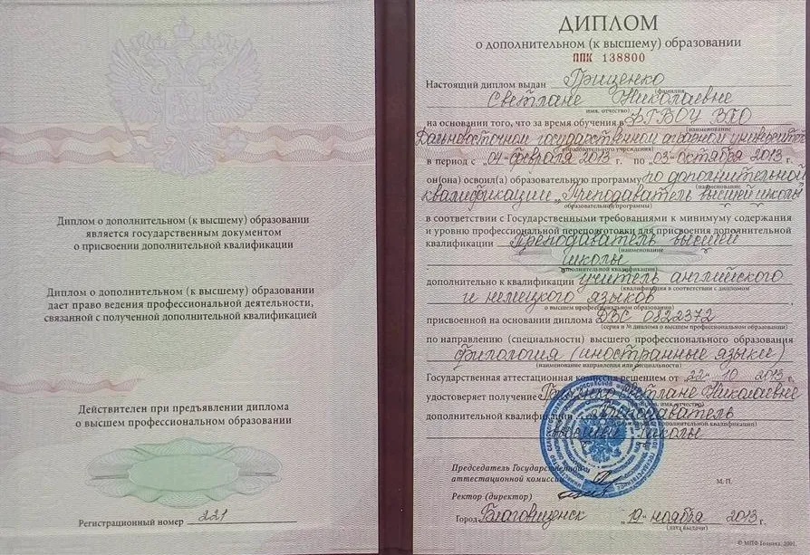 Диплом о дополнительном (к высшему) образовании