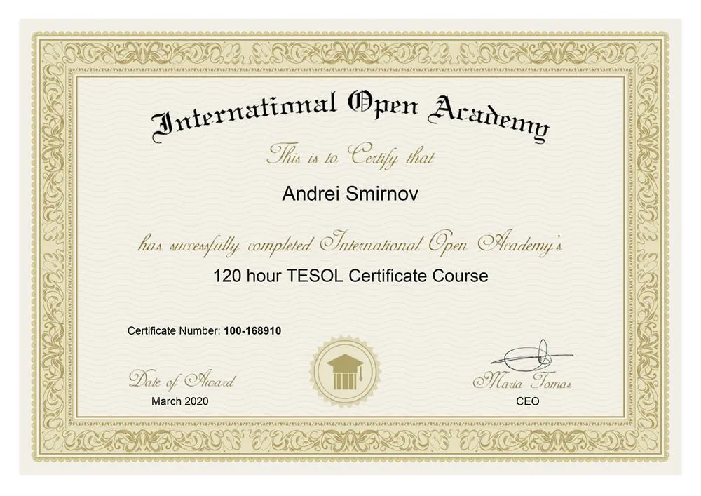 Сертификат об окончании 120 часового курса TESOL