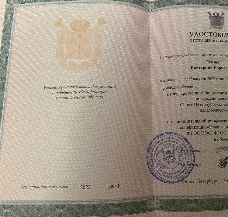Удостоверение о повышение квалификации по дополнительной профессиональной программе повышения квалификации «Реализация требований обновленных ФГОС НОО, ФГОС ООО в работе учителя»