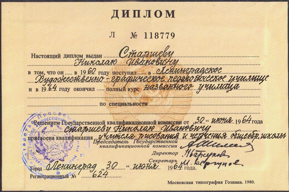 Ленинградское художественно-графическое педагогическое училище в1964г. Учитель рисования и черчения.