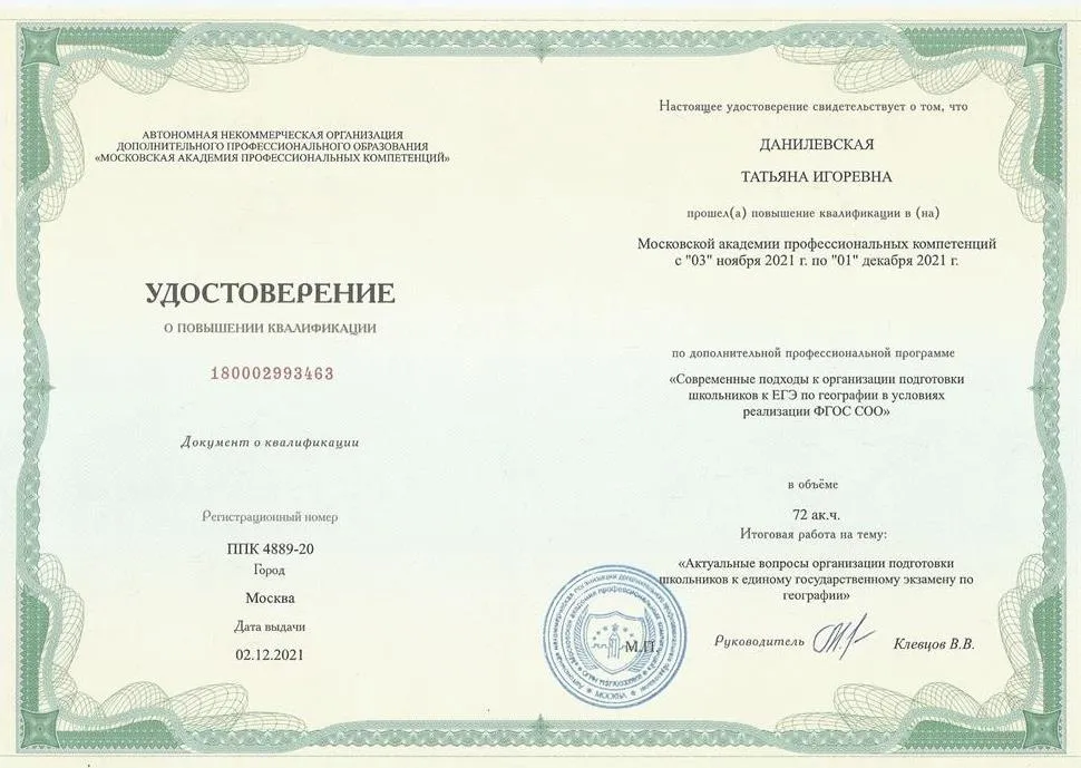 Удостоверение о повышении квалификации