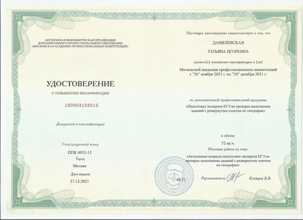 Удостоверение о повышении квалификации