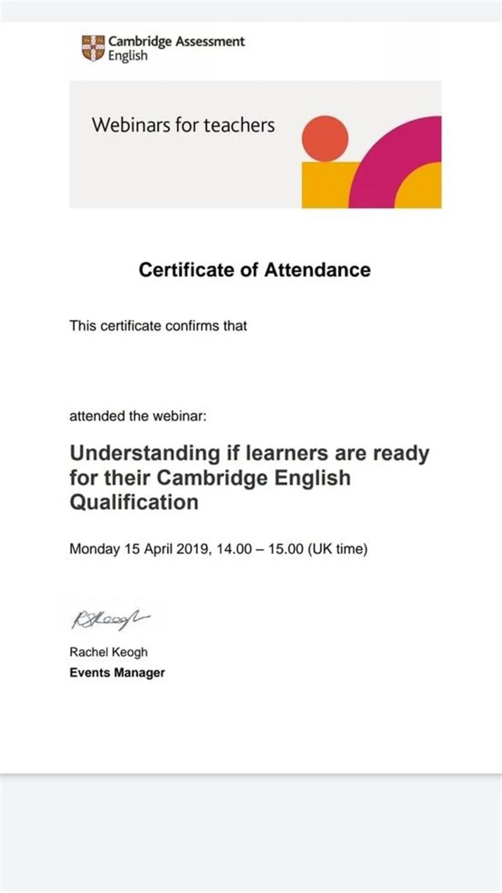 Cambridge Assessement English: Certificate of Attendance