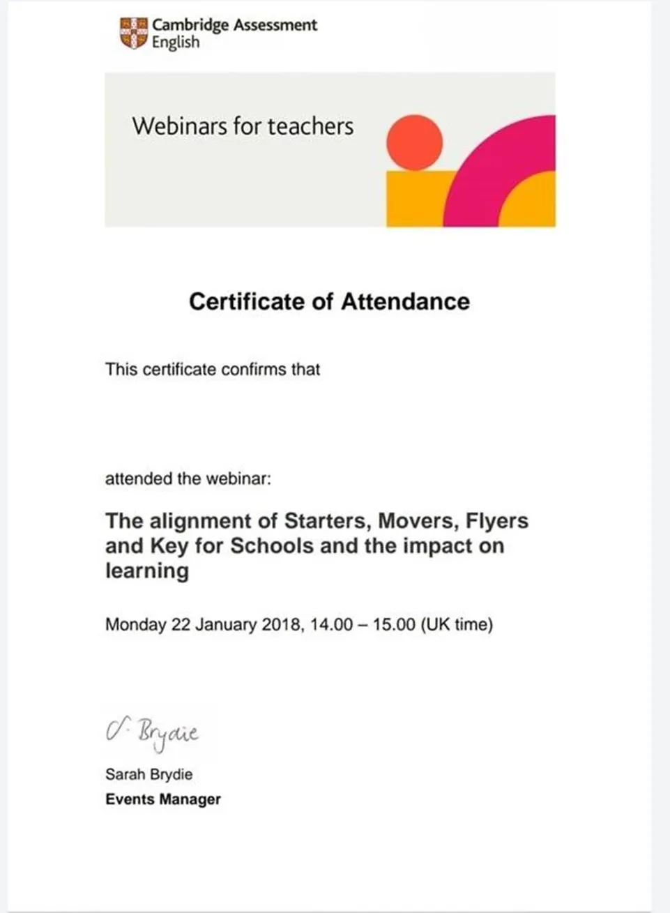 Cambridge Assessement English: Certificate of Webinar Attendance 