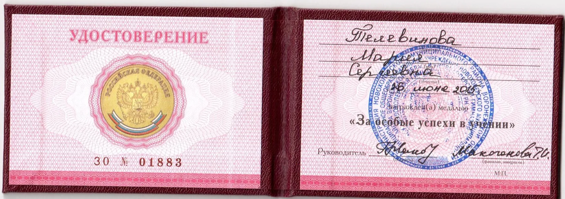 Удостоверение о золотой медали