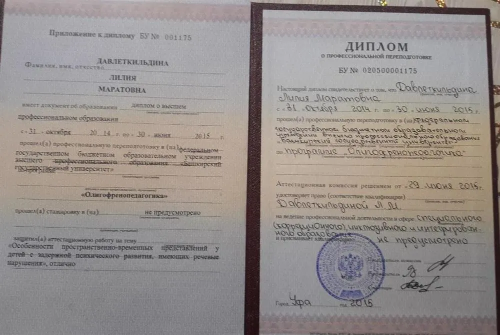 Диплом о повышении квалификации. Олигофренопедагог (Дефектолог)
