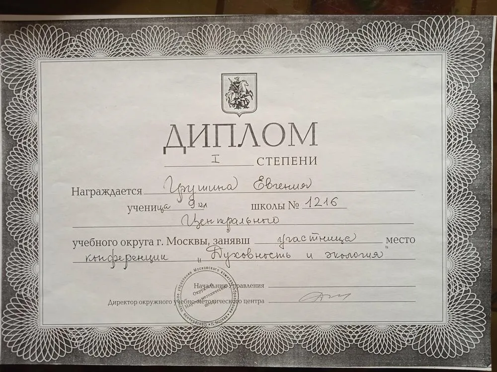 Диплом участника конференции "Духовность и экология"