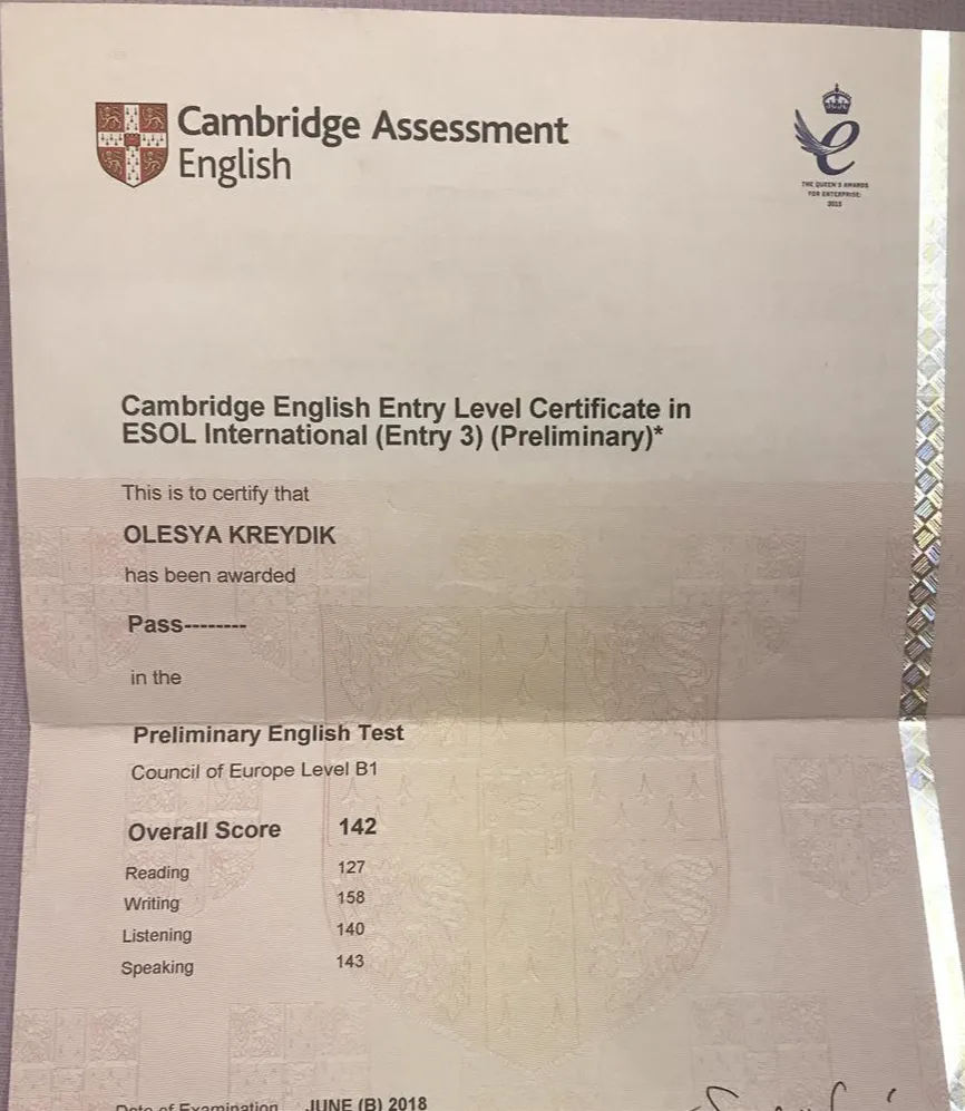 Сертификат Cambridge exam PET подтверждения уровня B1 