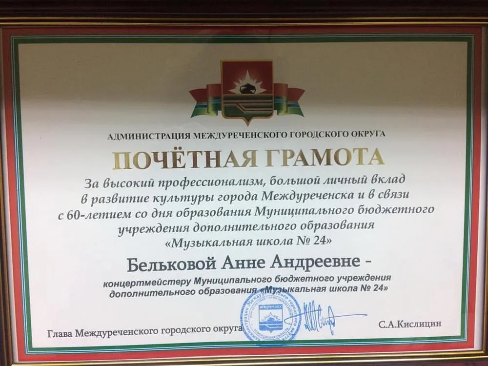 Почетная грамота за профессиональный вклад