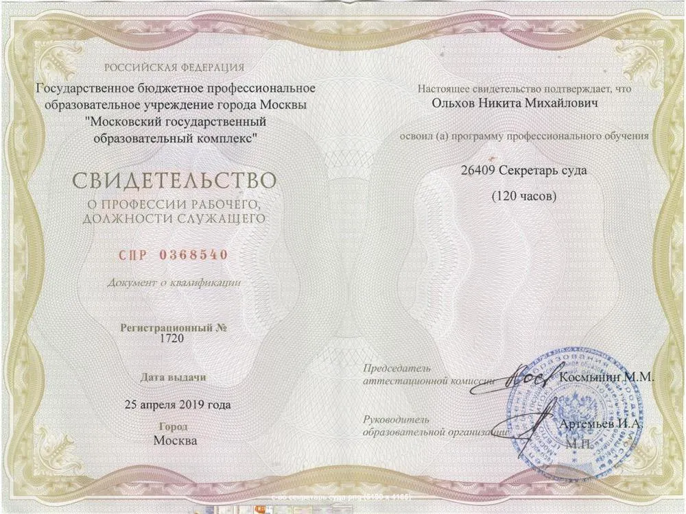 Свидетельство о профессии рабочего, должности служащего (Секретарь суда)