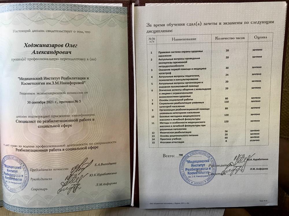 Медицинский Институт Реабилитации и Косметологии им. З.М.Никифоровой, специалист по реабилитационной работе в социальной сфере