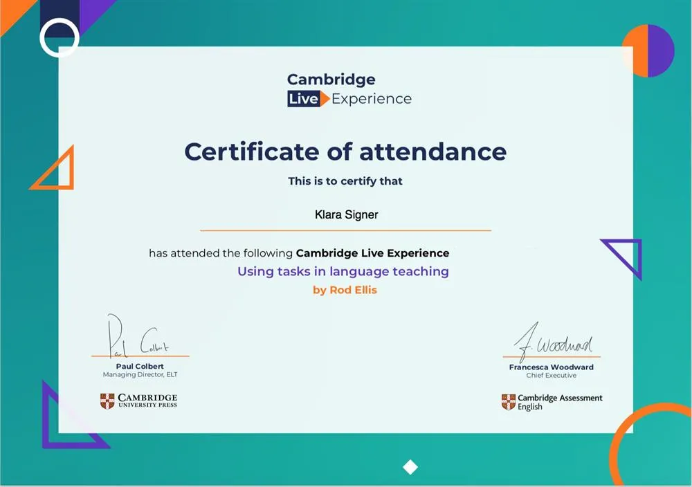 Certificate of completion "Using tasks in language teaching"