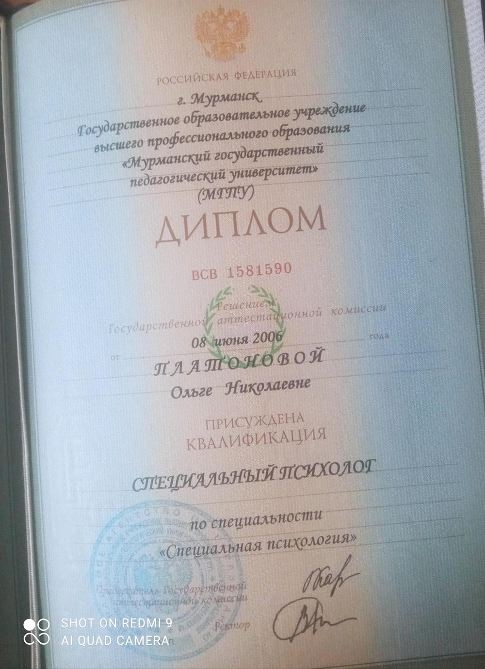 Диплом по специальности "Специальная психология"