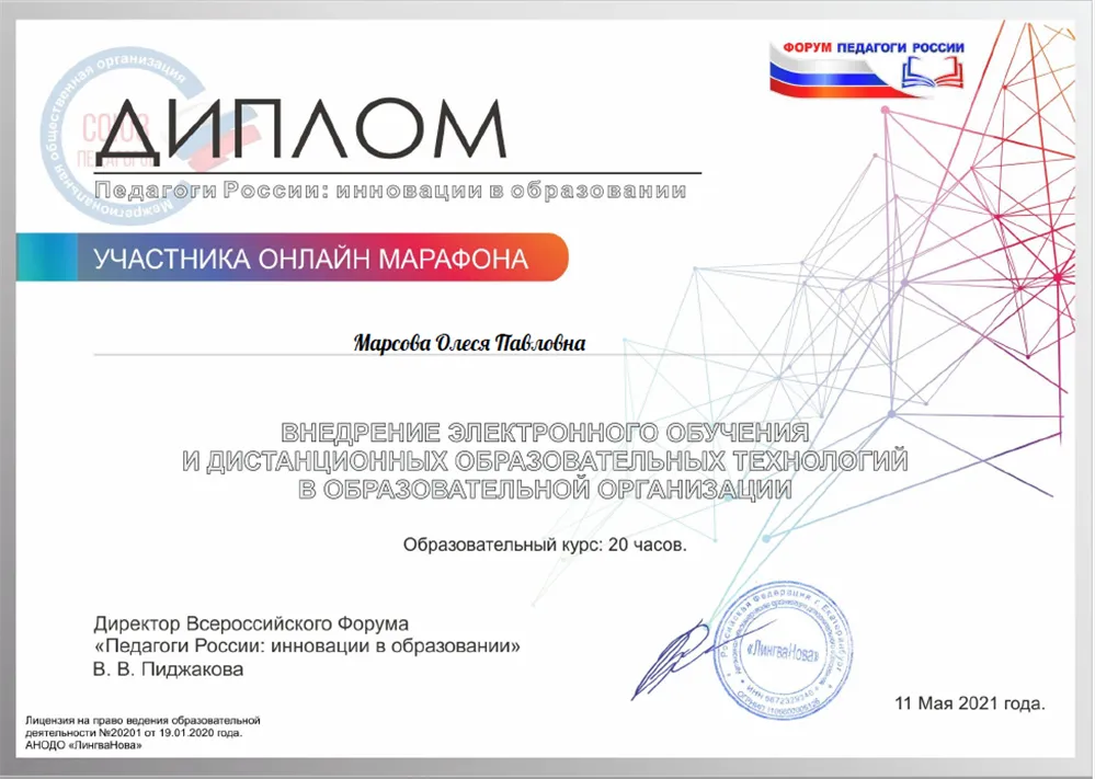 Диплом участника марафона. Внедрение электронного обучения и дистанционных образовательных технологий в образовательной организации