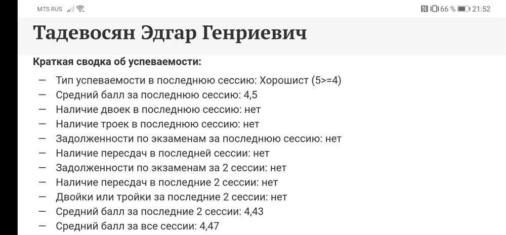 Результаты в университете