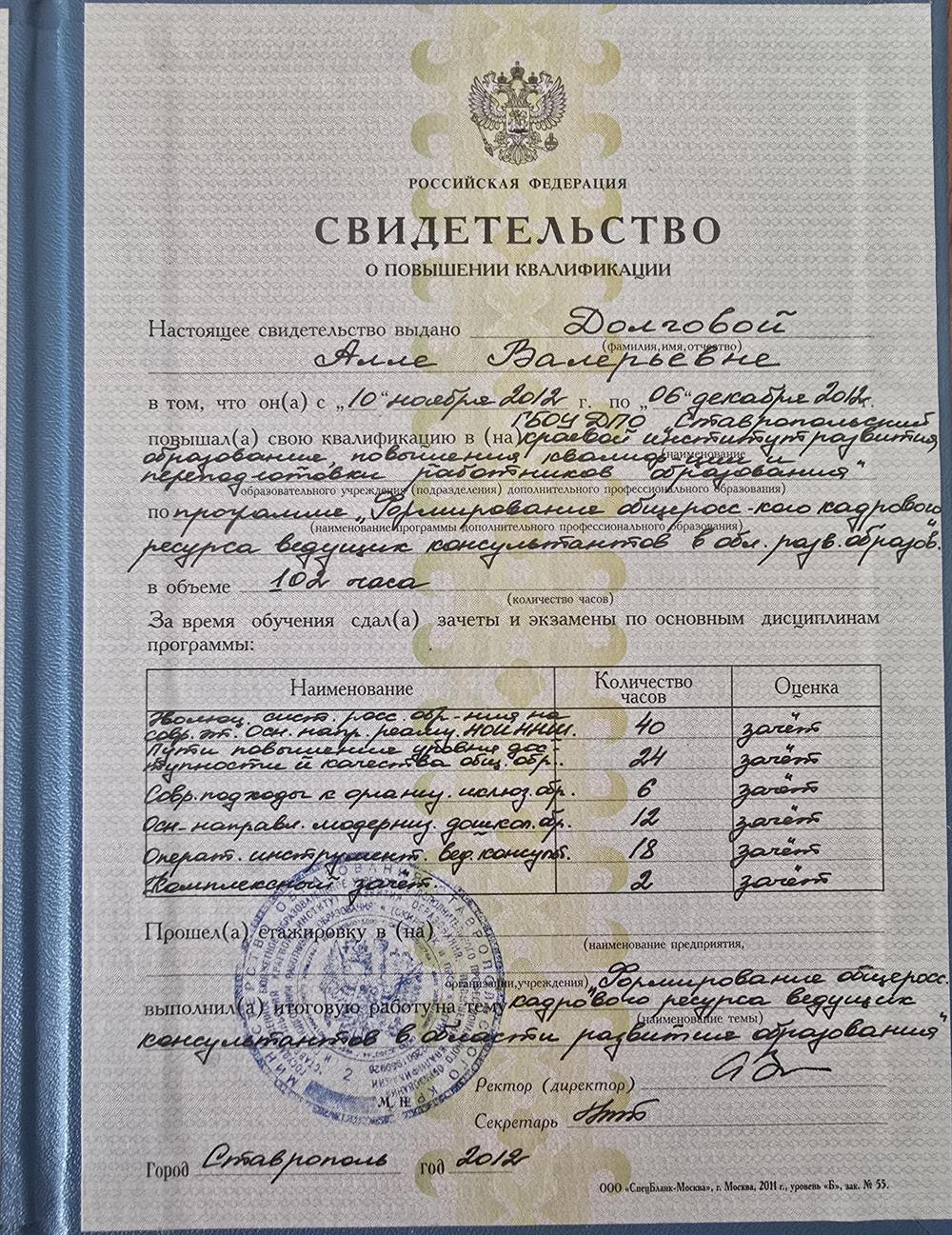 Свидетельство о повышении квалификации.