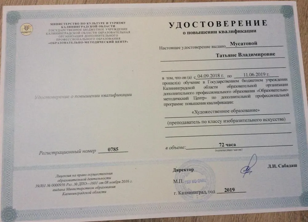 Удостоверение о повышении квалификации 2019 год. 