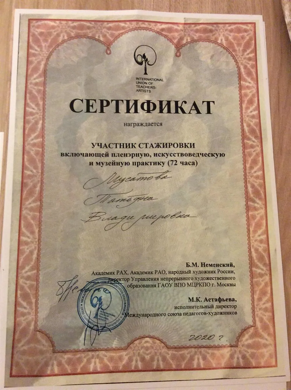 Сертификат участника стажировки плэнерной, искусствоведческой и музейной практики