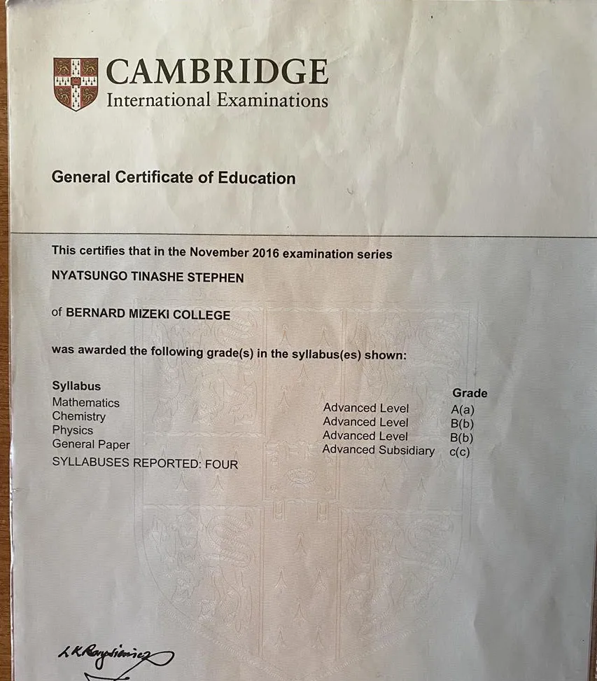 Cambridge А Level certificate 