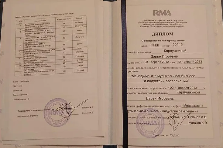 Диплом по специальности "Менеджмент в музыкальном бизнесе и индустрии развлечений"