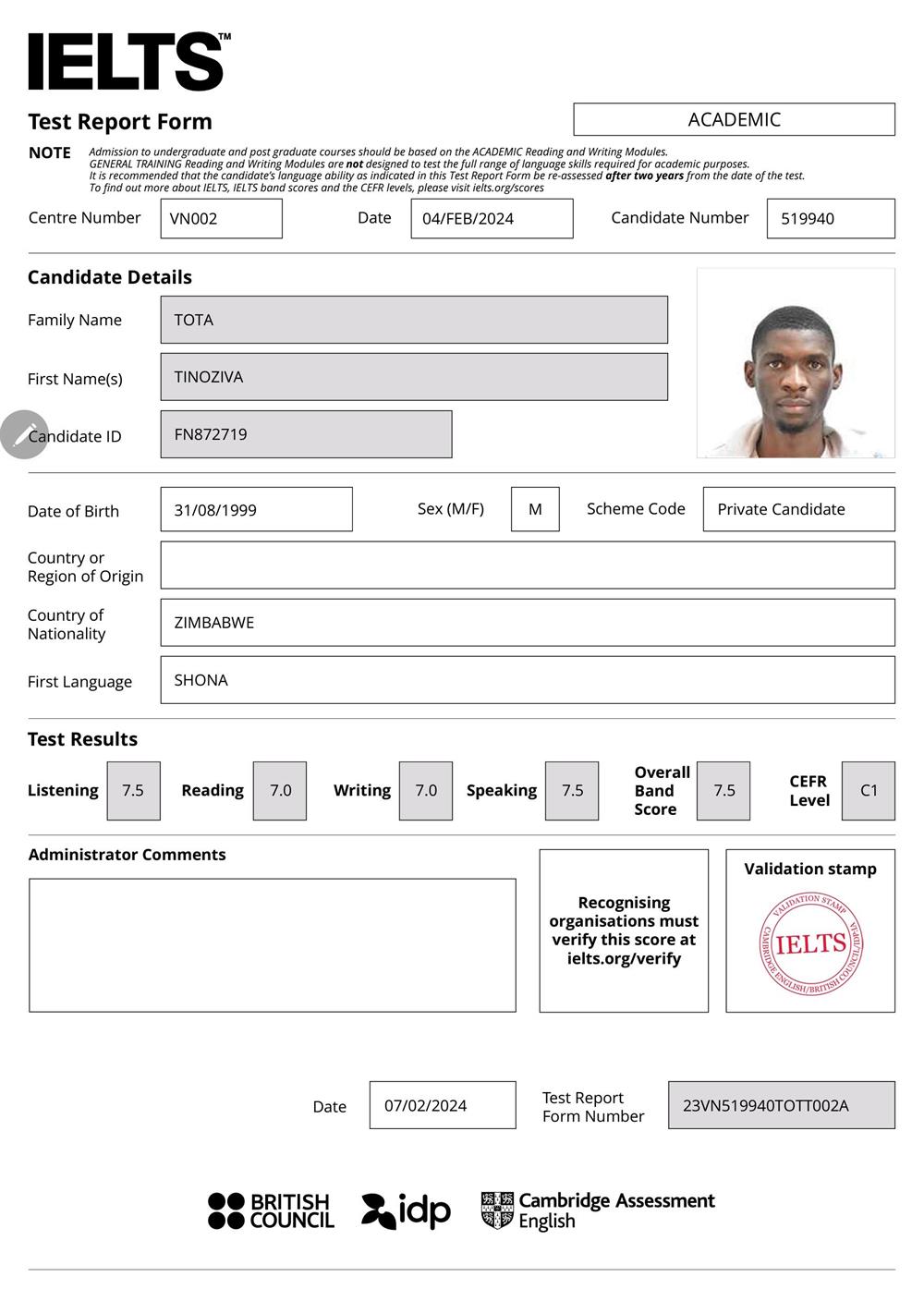 Сертификат. IELTS CEFR Level  C1