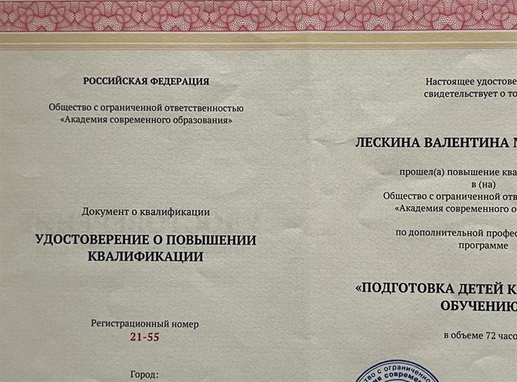 Удостоверение о повышении квалификации по подготовке к школе