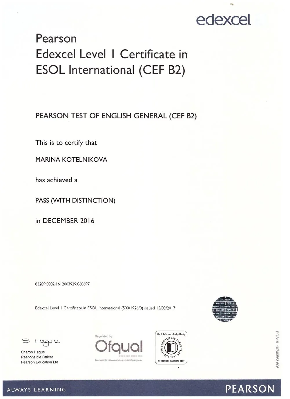 Pearson Edexcel Level I Certificate in ESOL International (CEF B2)