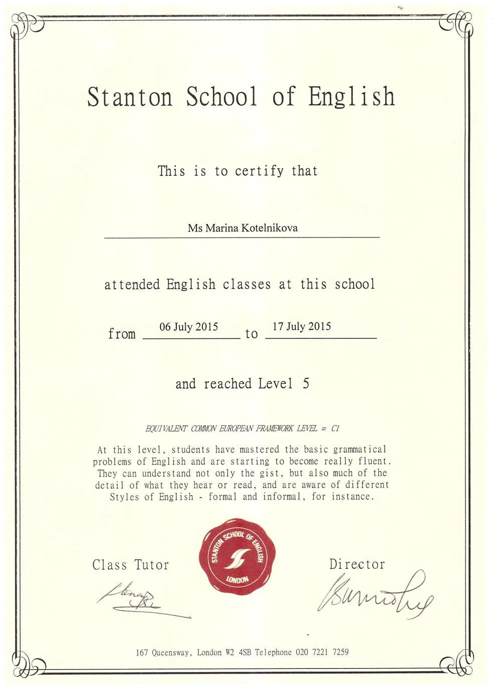 Stanton School of English Certificate (Level 5, C1)