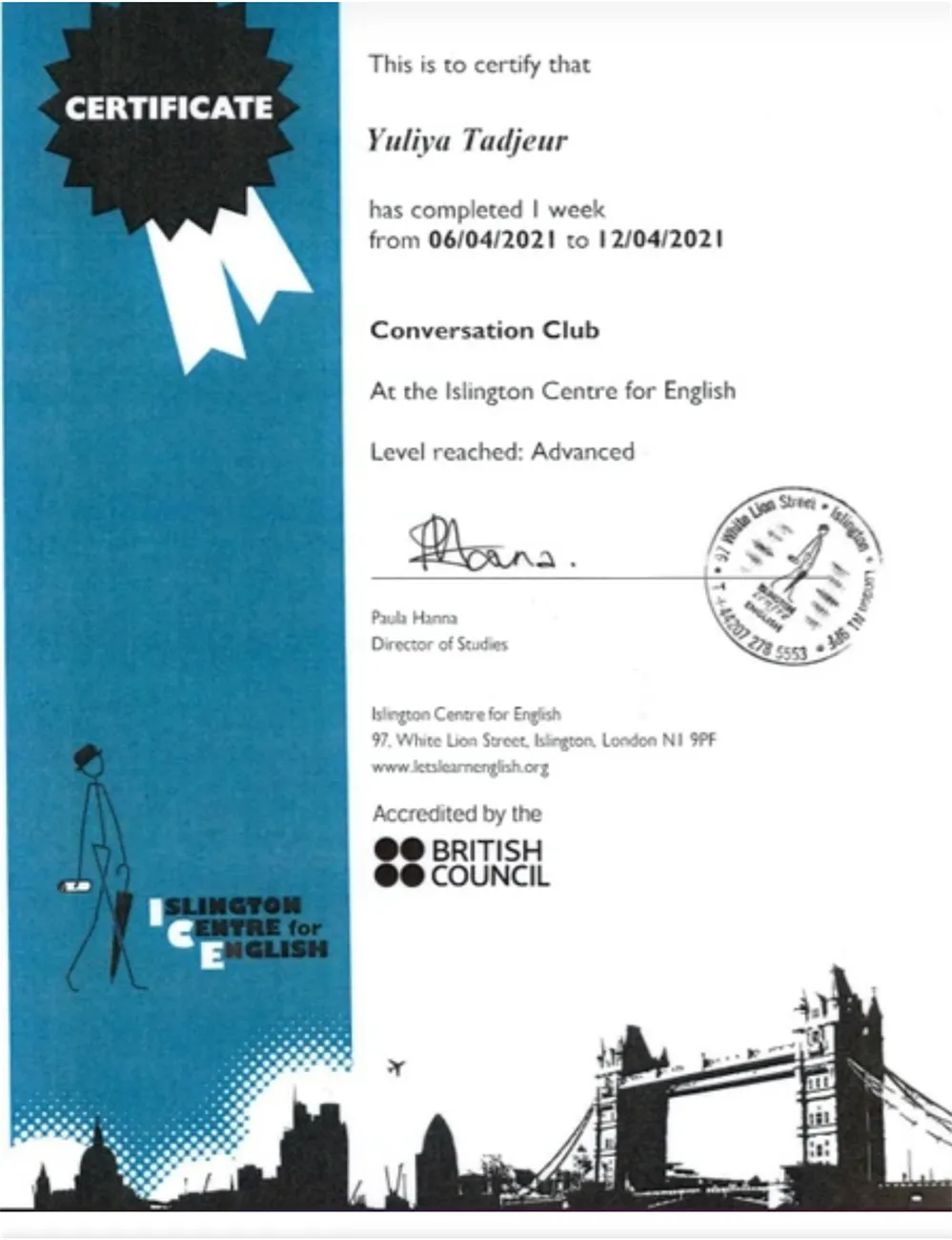 Подтверждение уровня владения английским языком от Islington centre for English, London