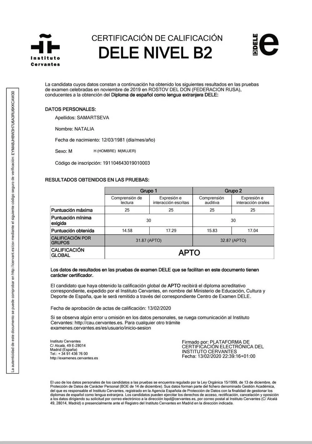 Certificado del Instituto Cervantes B2
