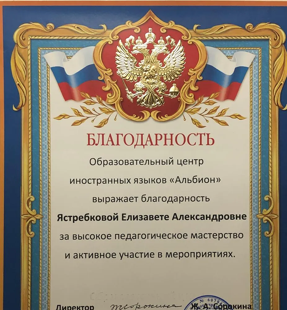 Благодарность (НО НОУ «Центр иностранных языков «Альбион»)