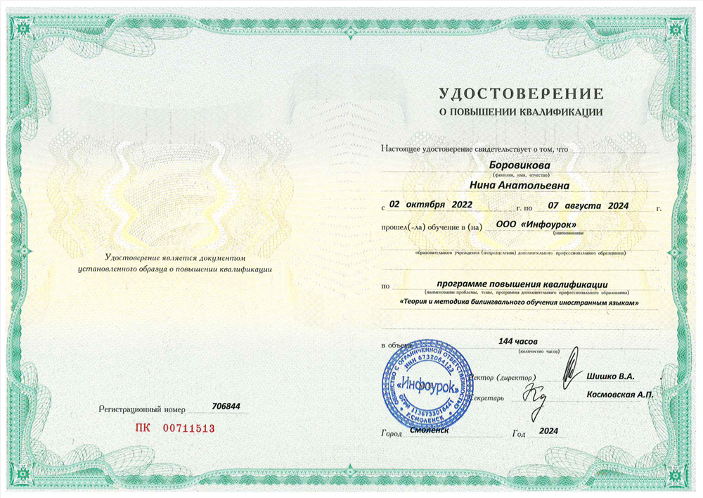 Удостоверение о повышении квалификации