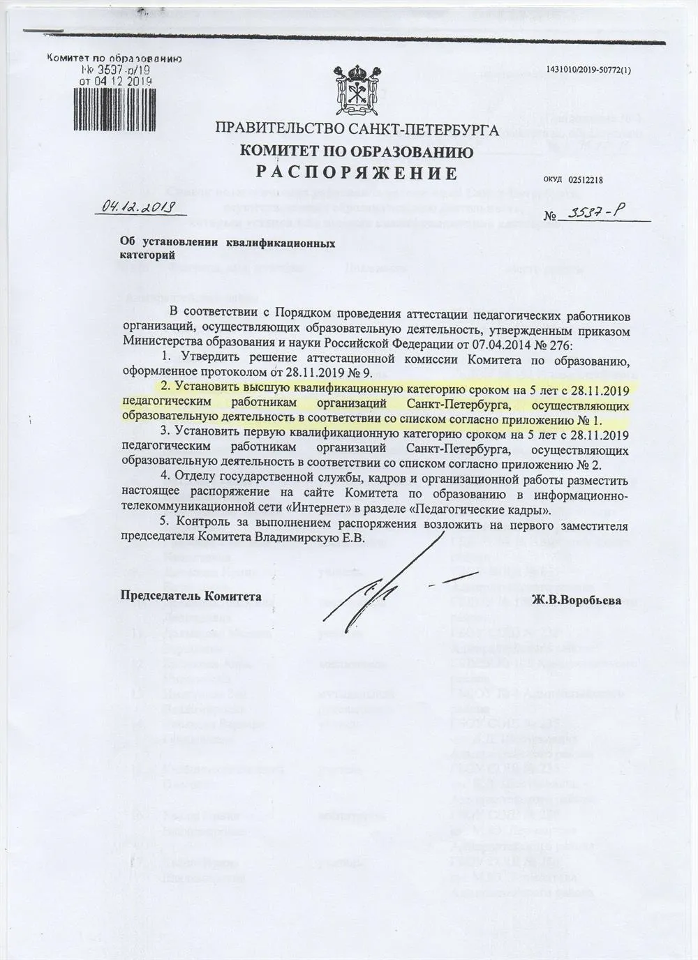 Распоряжение о присвоении высшей квалификационной категории