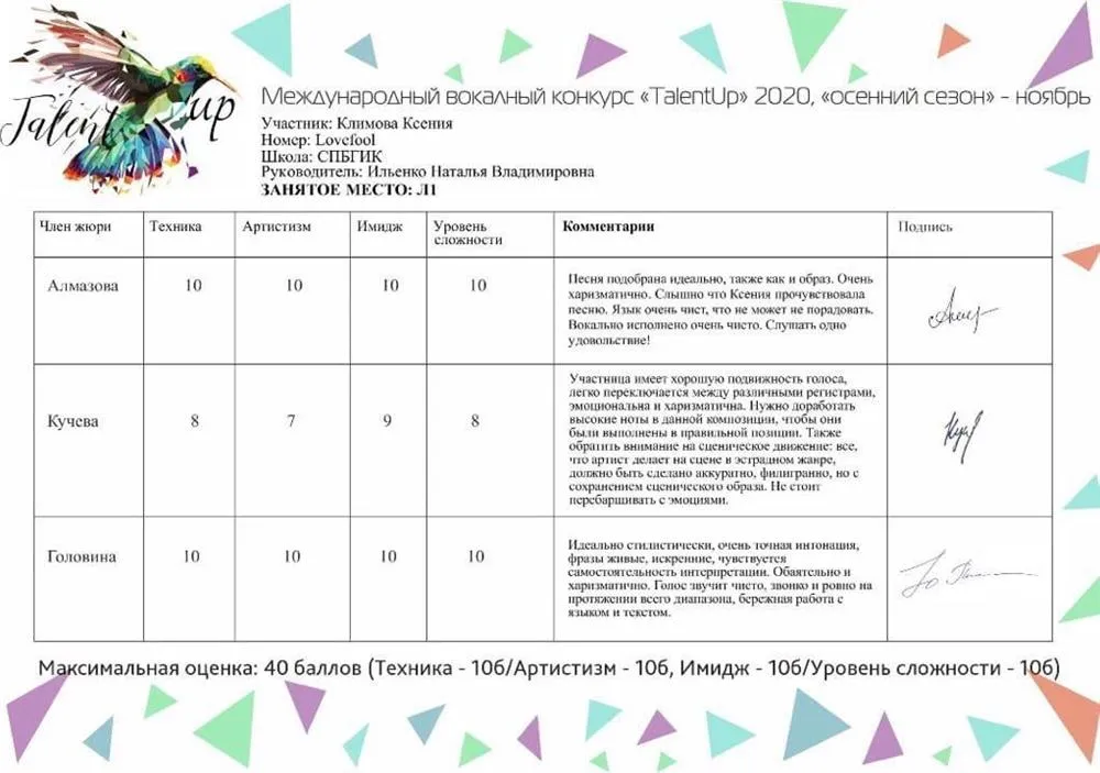 Диплом лауреата 1 степени международного вокального конкурса "TalentUp" 2020