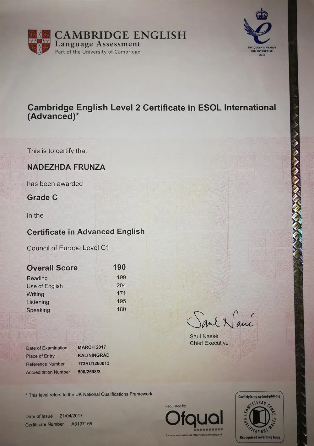 Cambridge Certificate in Advanced English