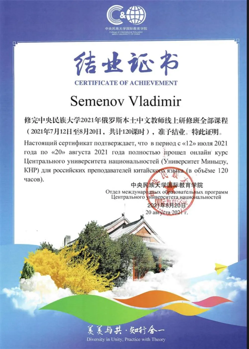 Сертификат о прохождении курсов повышения квалификации 