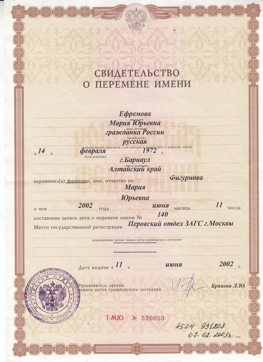 Свидетельство о перемене имени