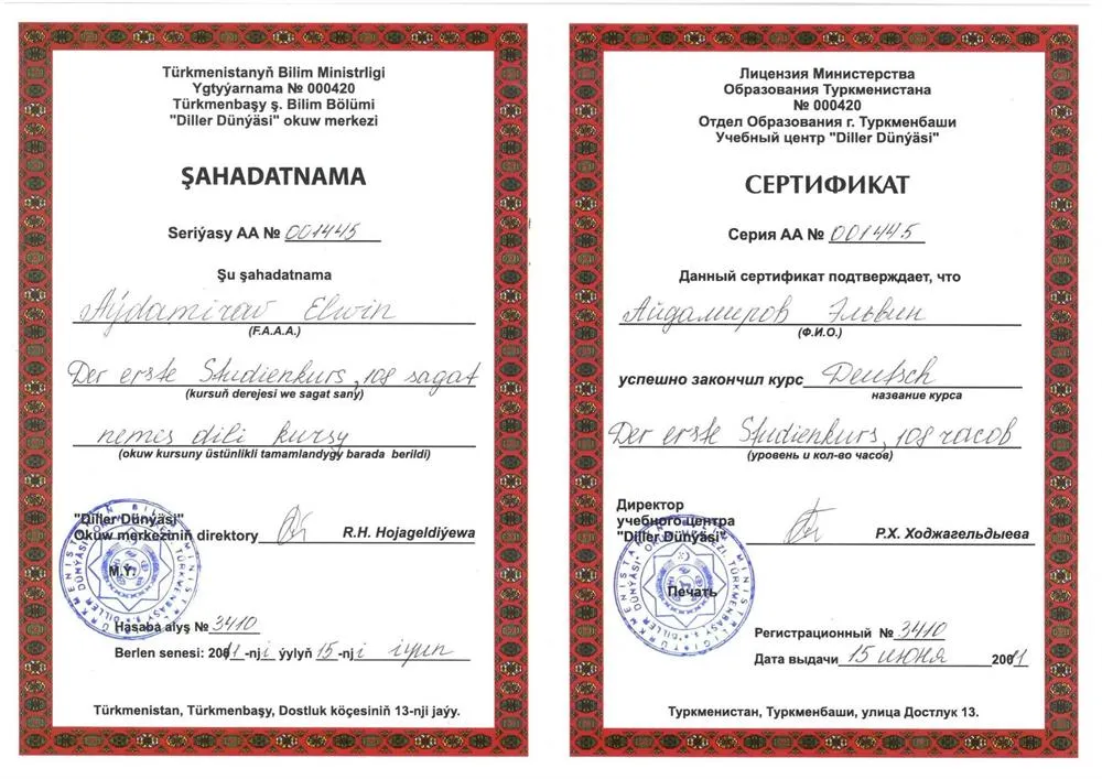 Сертификат по Немецкому языку первый уровень