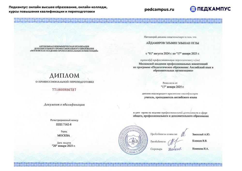 Диплом о профессиональной переподготовке 