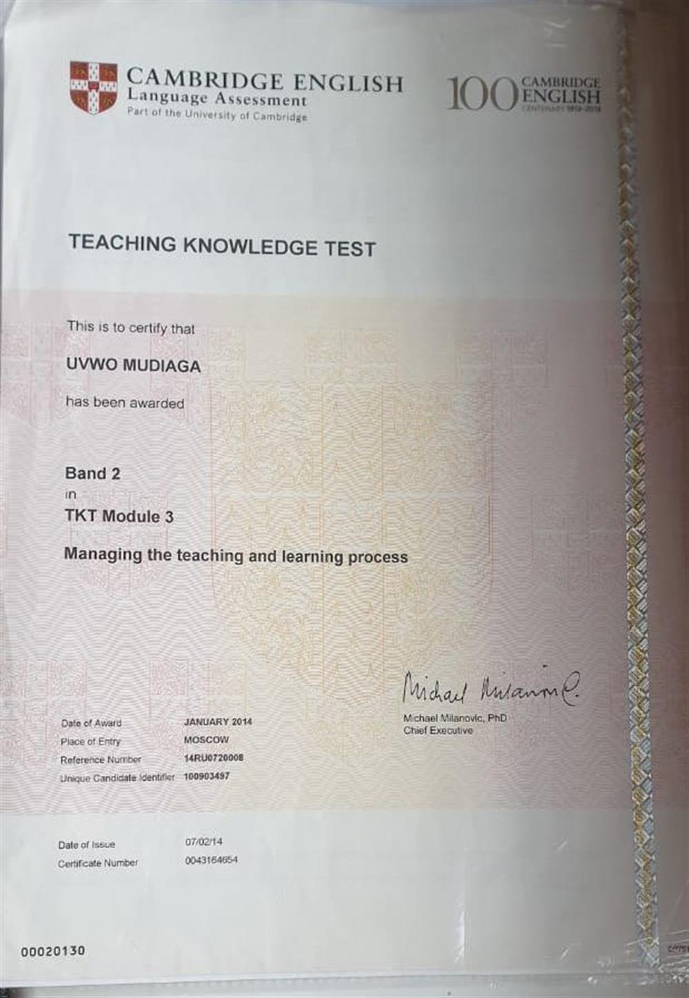 Certificate 2014 Cambridge Assessment TKT 