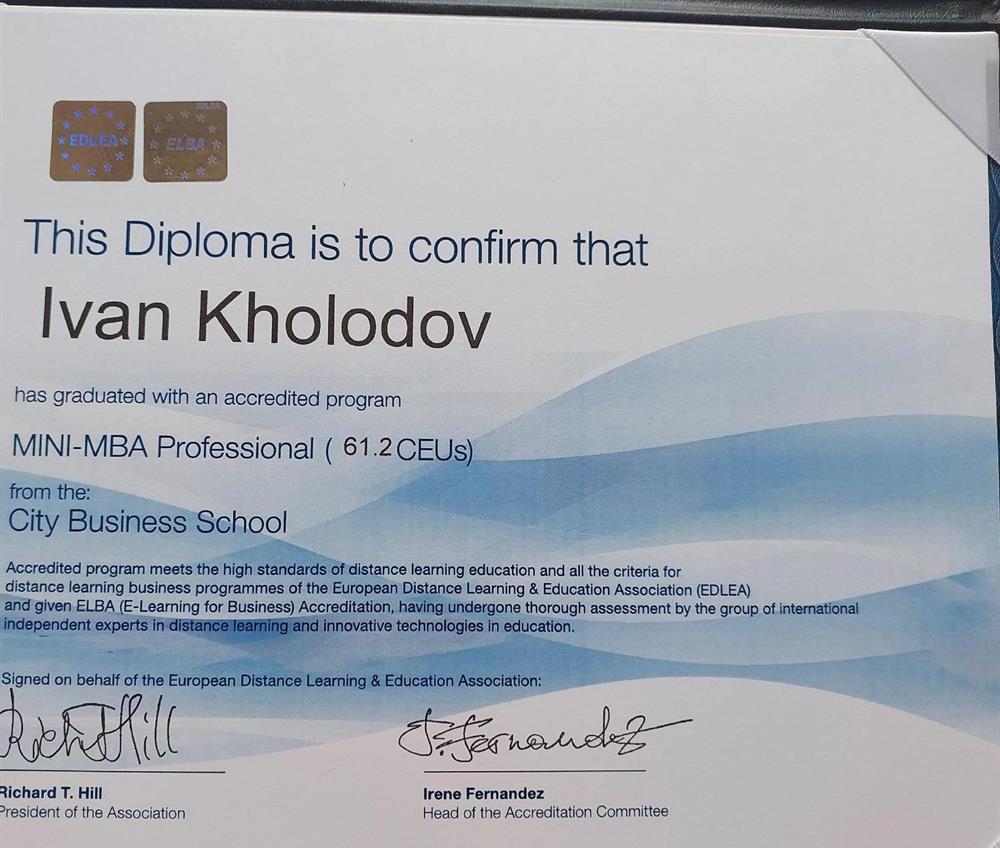 Диплом Профессиональной переподготовки "Mini MBA" на английском языке