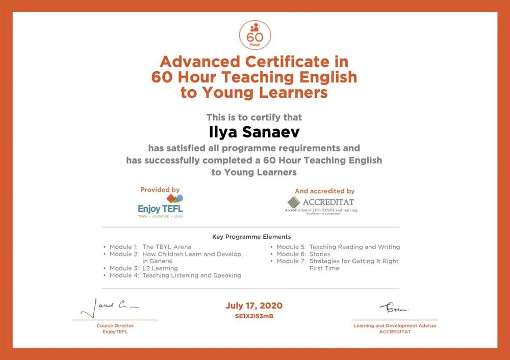 180HRTEFL_Advanced Certificate in 60 Hour Teaching English to Young Learners