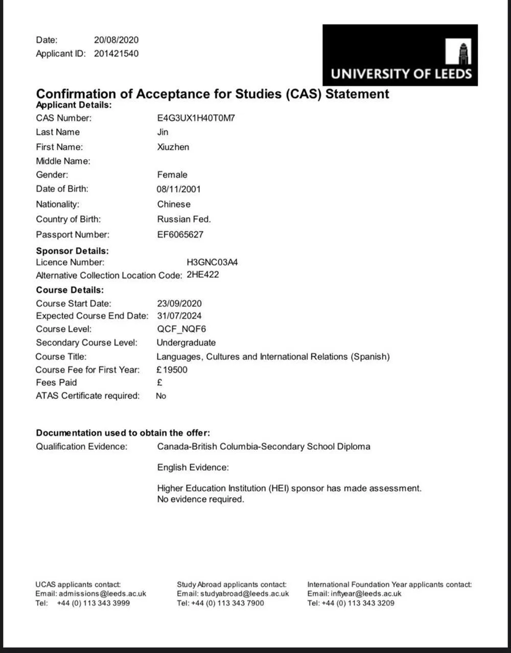 Studies Acceptance at University of Leeds