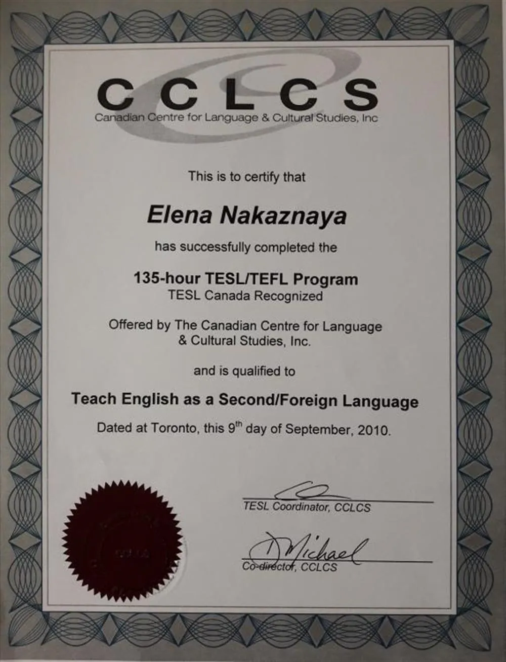 Сертификат TESL/TEFL Program Canada